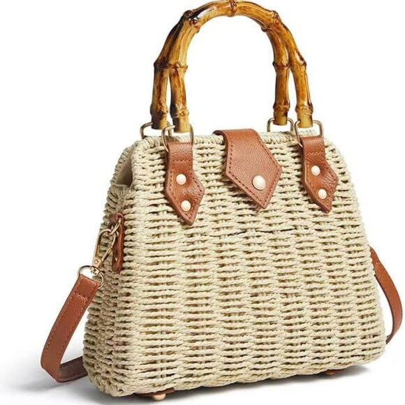 Woven Straw Handbag with Bamboo Handle Leather Trim Crossbody Bag for Women - Picture 1 of 7